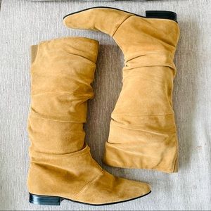 Apostrophe tan suede gathered leather upper boots